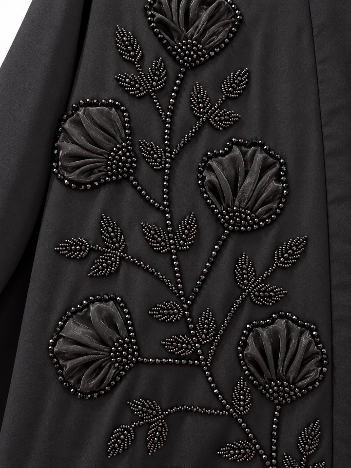 Black Handwork Tissue Embroidered Abaya | Elegant Floral Design
