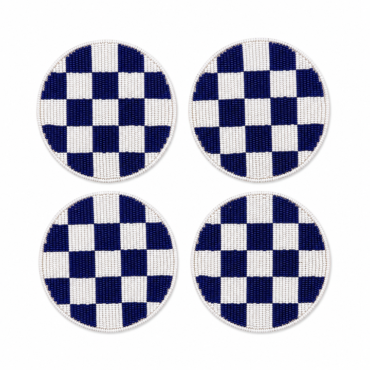 Navy Blue Checkered Beaded Coaster Set of 4