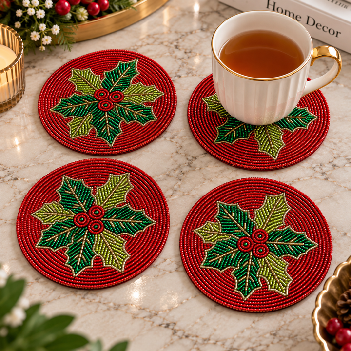 Red Holly Beaded Coaster Set of 4