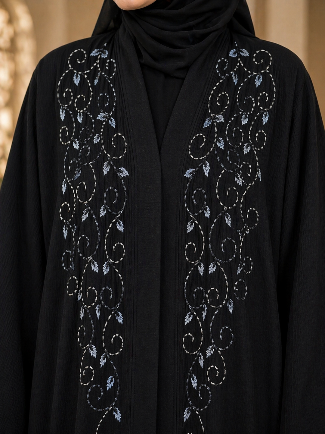 Black Embroidered Front Panel Abaya | Imported Zoom Fabric | Elegant Minimal Modest Wear by RTFACTS
