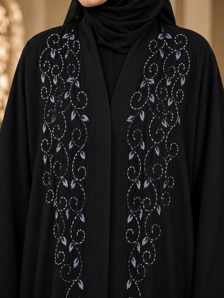 Black Embroidered Front Panel Abaya | Imported Zoom Fabric | Elegant Minimal Modest Wear by RTFACTS