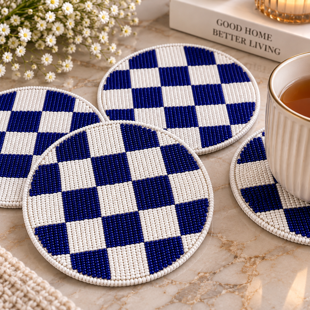 Navy Blue Checkered Beaded Coaster Set of 4