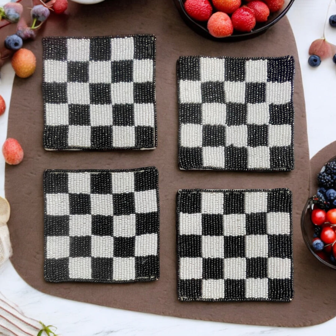 Checkered Beaded Coaster Set of 4