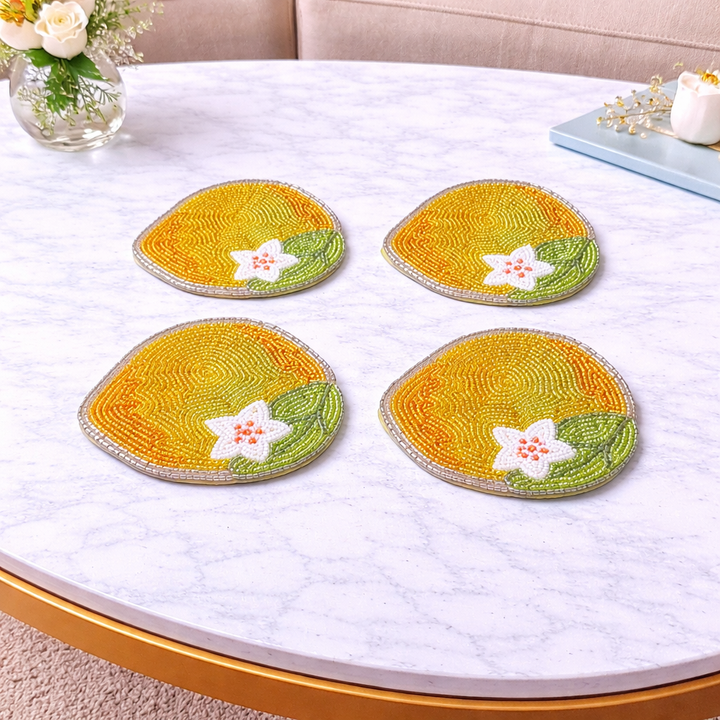 Handmade Beaded Lemon Shape Coaster Premium Glass Beads Decorative Tea & Coffee Coasters for Table Décor