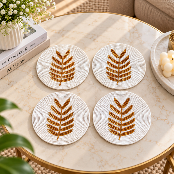 Hand Beaded Gold Leaf Coasters Set of 4