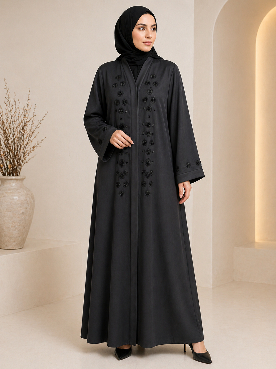 Luxury Black Front Open Abaya with Handcrafted Beaded Floral Work | Premium Zoom Fabric | Elegant Modest Wear (Without Dupatta)