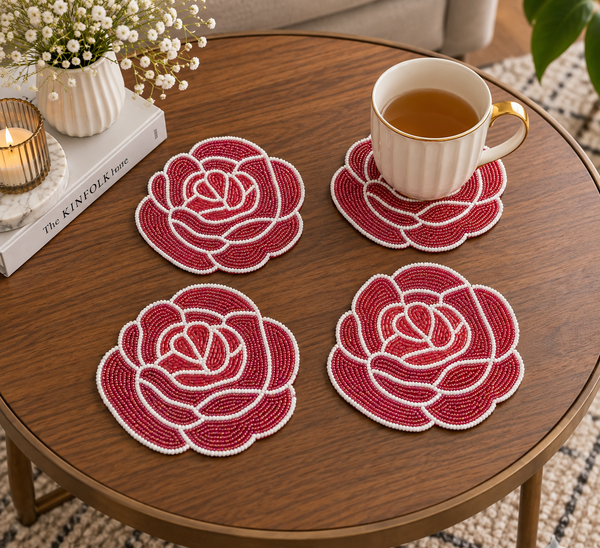 Red Rose Beaded Coaster Set of 4