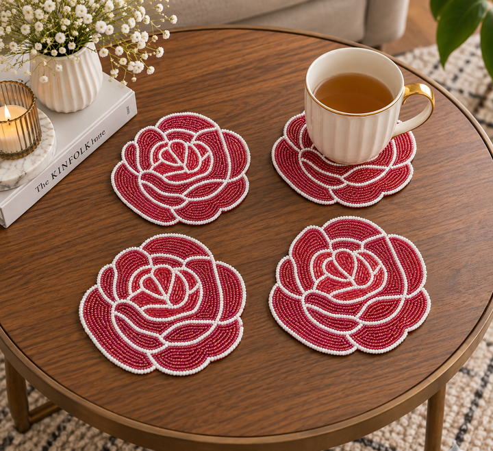 Red Rose Beaded Coaster Set of 4