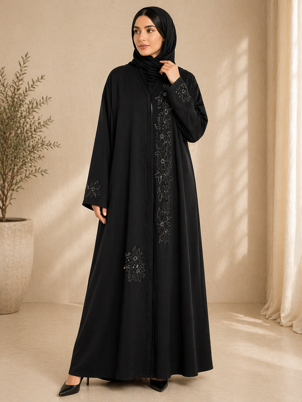 Luxury Black Side Panel Embroidered Abaya (Without Dupatta) | Handcrafted Beaded Designer Abaya for Women | Premium Modest Wear