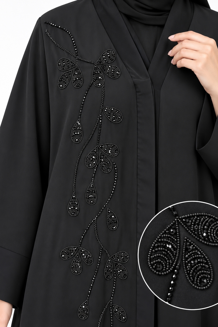 Black Nida Fabric Hand Beaded Embroidery Abaya | Elegant Open Front Islamic Abaya