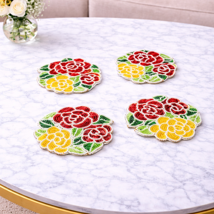 Rose Beaded Coasters – Set of 4 | Handmade Table Decor