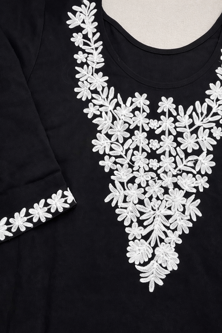 Women Black Embroidered Kurti | White Floral Thread Work | Straight Fit Casual &amp; Ethnic Kurta for Women