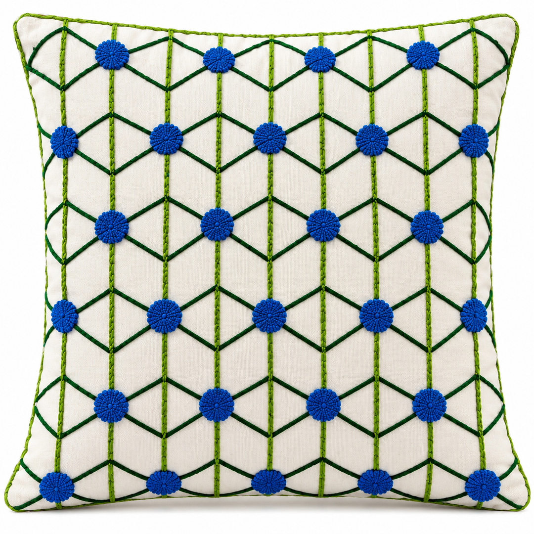 Handmade Embroidered Geometric Cushion Cover 16×16 Inch | Blue &amp; Green Decorative Pillow for Sofa &amp; Home Decor