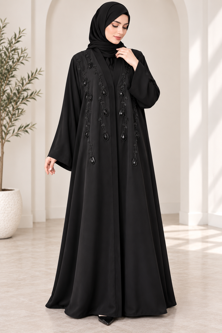 Elegant Black Handwork Abaya for Women | Premium Embellished Front Design