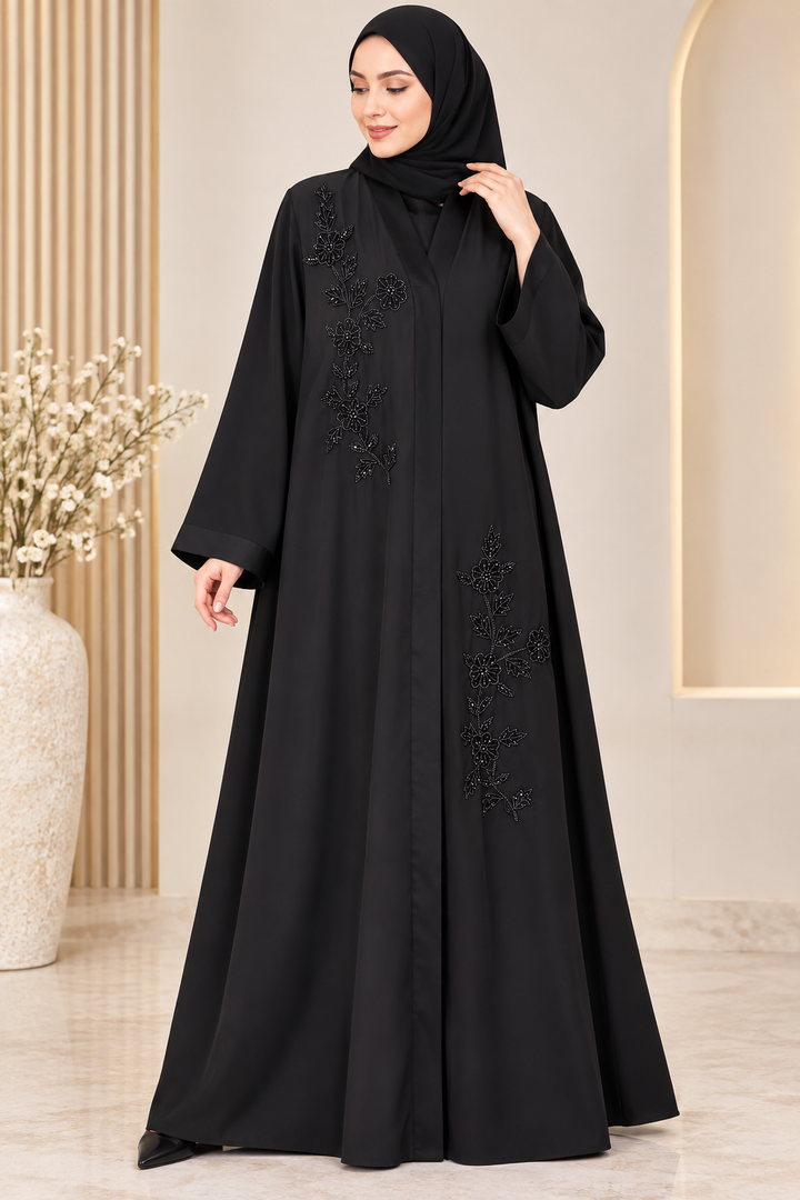 Black Floral Beaded Embroidery Abaya | Elegant Front Open Modest Wear
