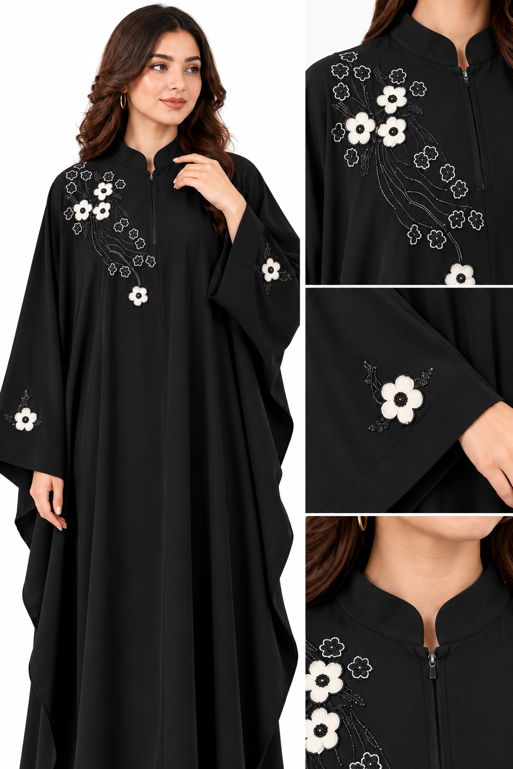 Black Floral Embroidered Firdos Fabric Kaftan