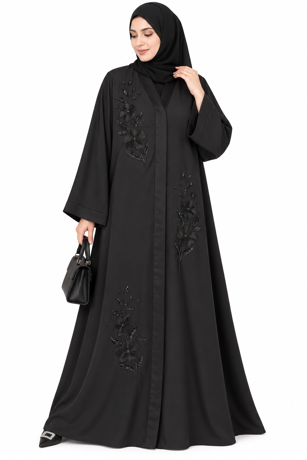 Luxury Black Nida Fabric Floral Handwork Abaya