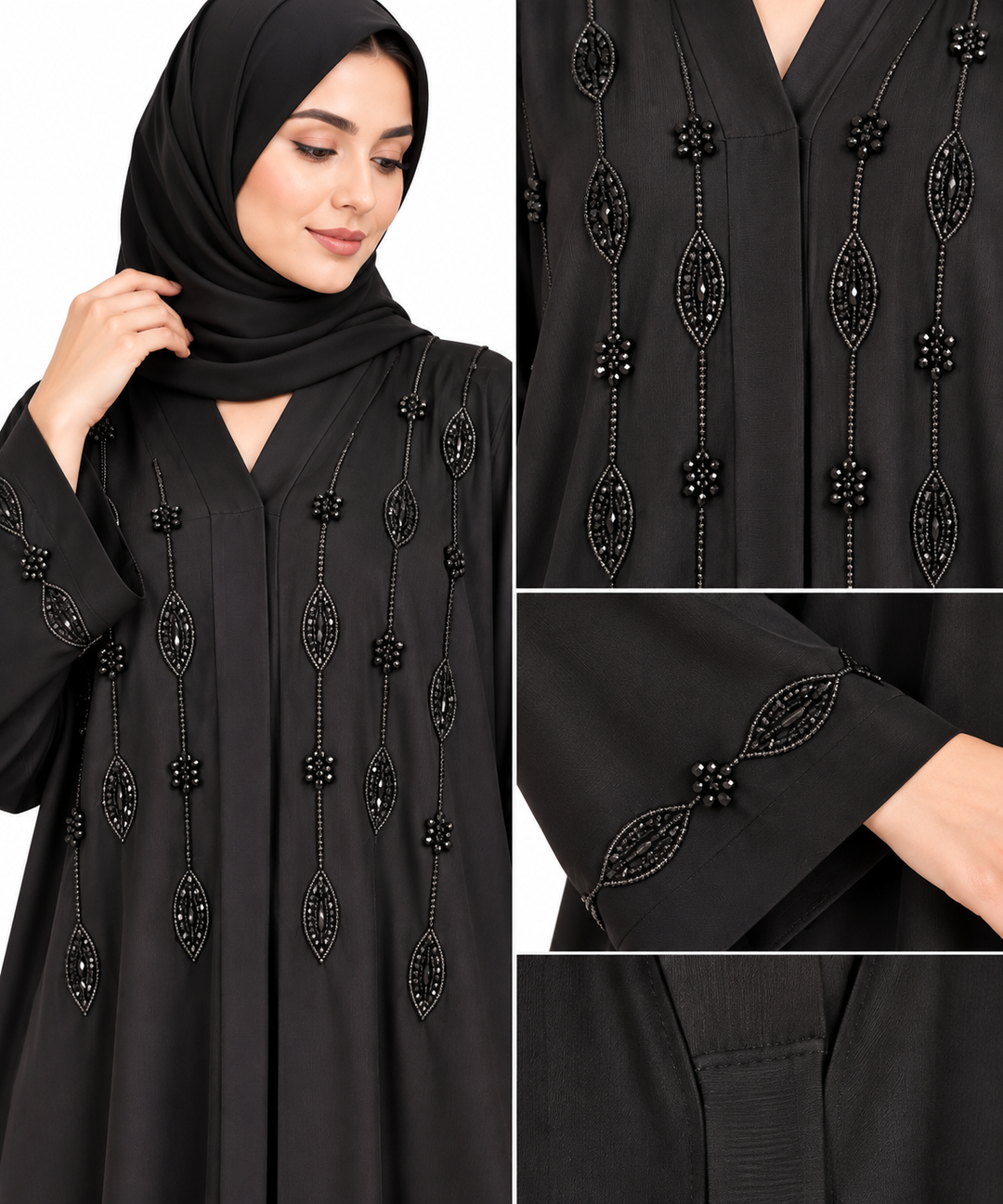 Black Front Open Handwork Beaded Abaya
