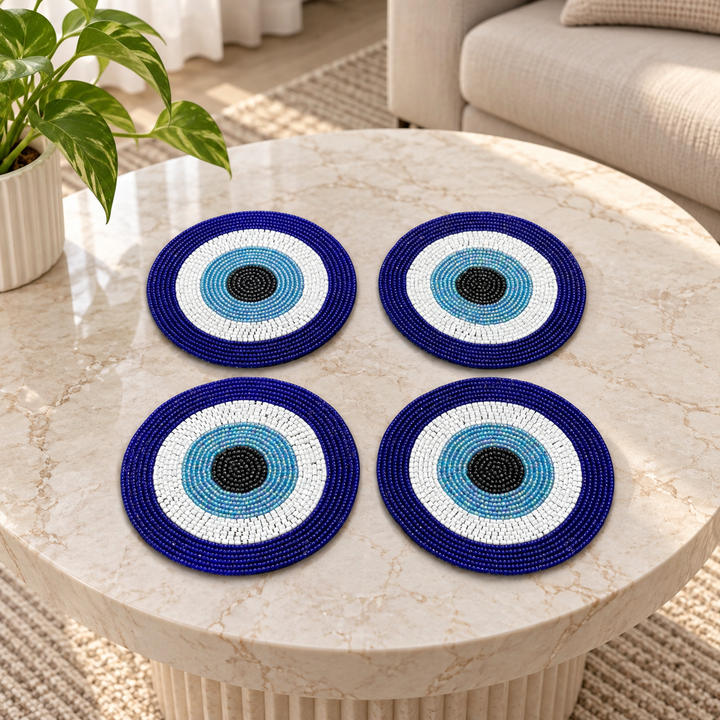 Blue Evil Eye Beaded Coaster Set of 4