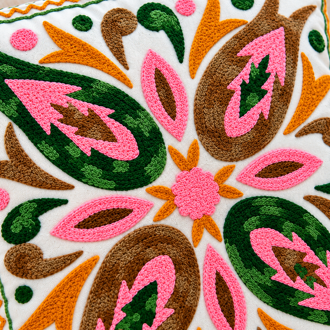 Handmade Embroidered Floral Cushion Cover 16×16 Inch | Traditional Folk Design Decorative Pillow for Sofa &amp; Home Decor