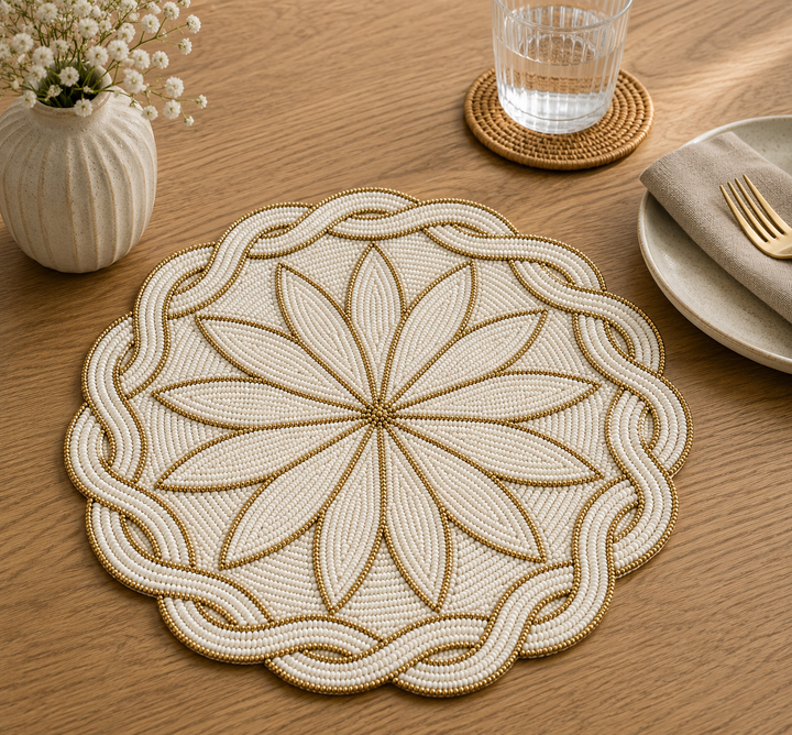 Handmade Ivory &amp; Gold Floral Beaded Placemat | Elegant Round Dining Table Mat