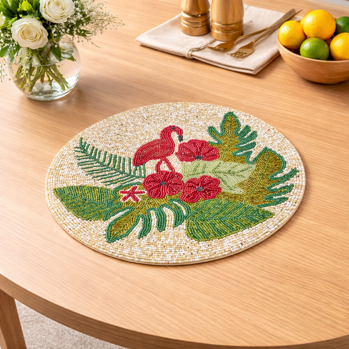 Flamingo Premium Round Beaded Table Mat 14 inches