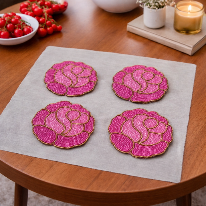 Rose Beaded Coasters – Set of 4 | Handmade Table Decor