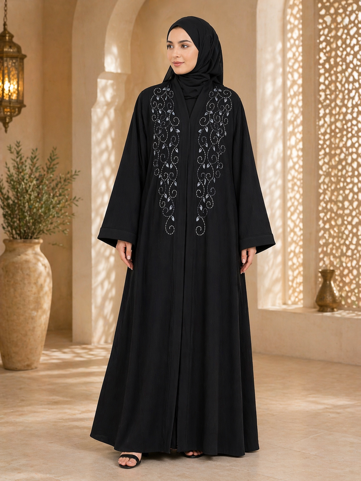 Black Embroidered Front Panel Abaya | Imported Zoom Fabric | Elegant Minimal Modest Wear by RTFACTS
