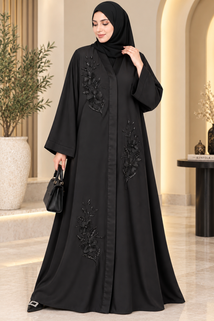 Luxury Black Nida Fabric Floral Handwork Abaya