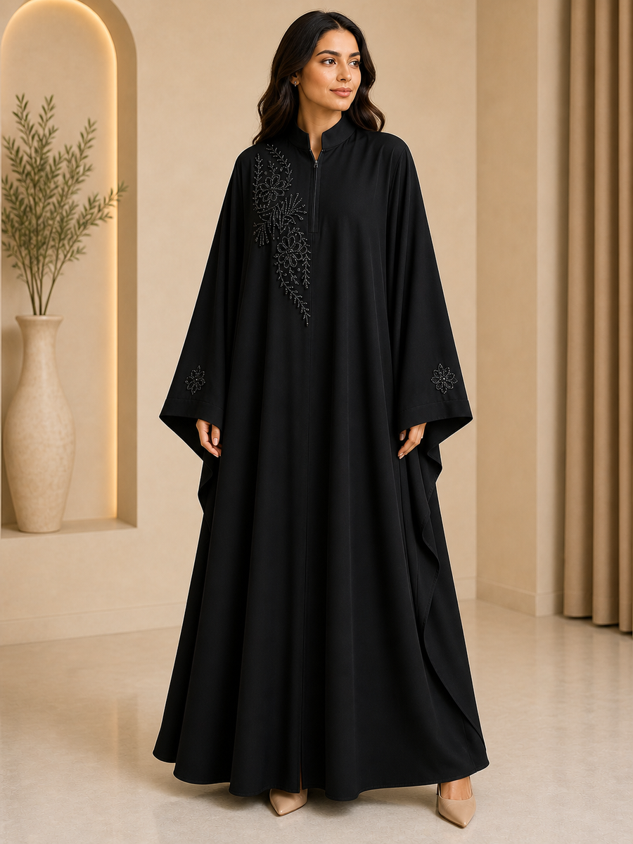 Black Handwork Kaftan Abaya for Women Fabric Firdos