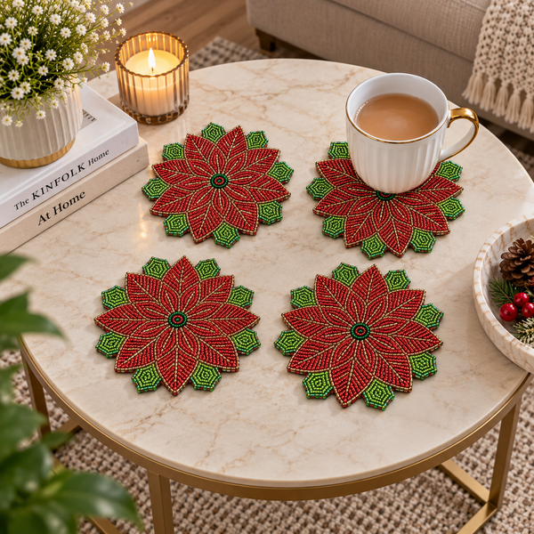 Red Flower Christmas Beaded Coaster Set of 4