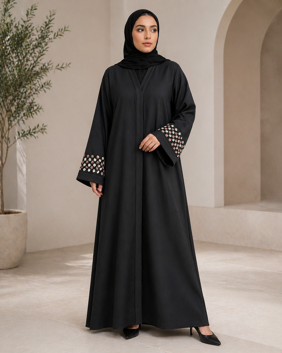 Black Abaya in Premium Zoom Fabric with Dual Tone Leaf Embroidered Sleeves | Front Open Elegant Design