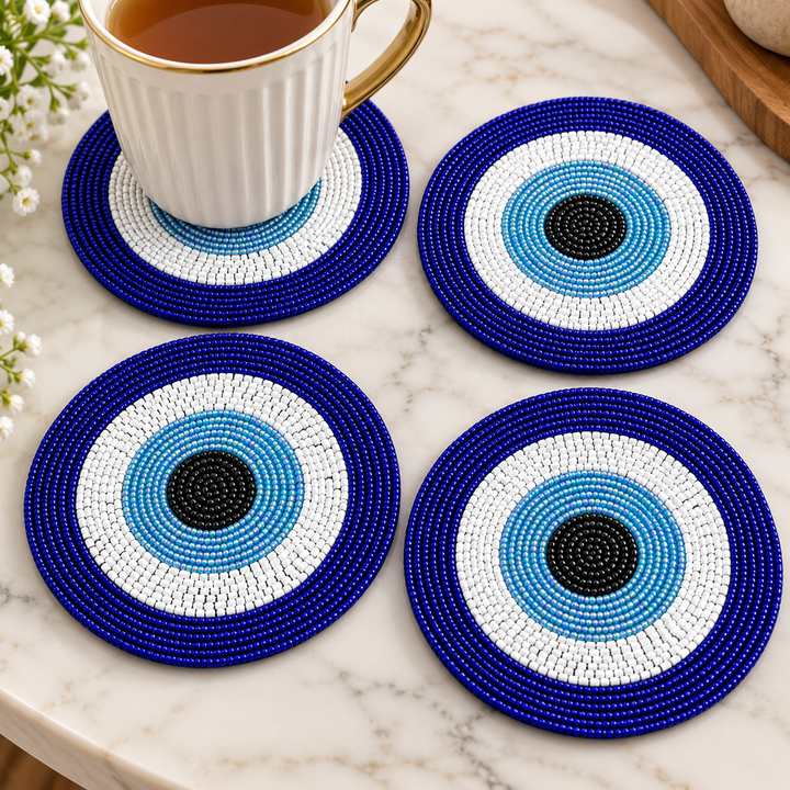Blue Evil Eye Beaded Coaster Set of 4