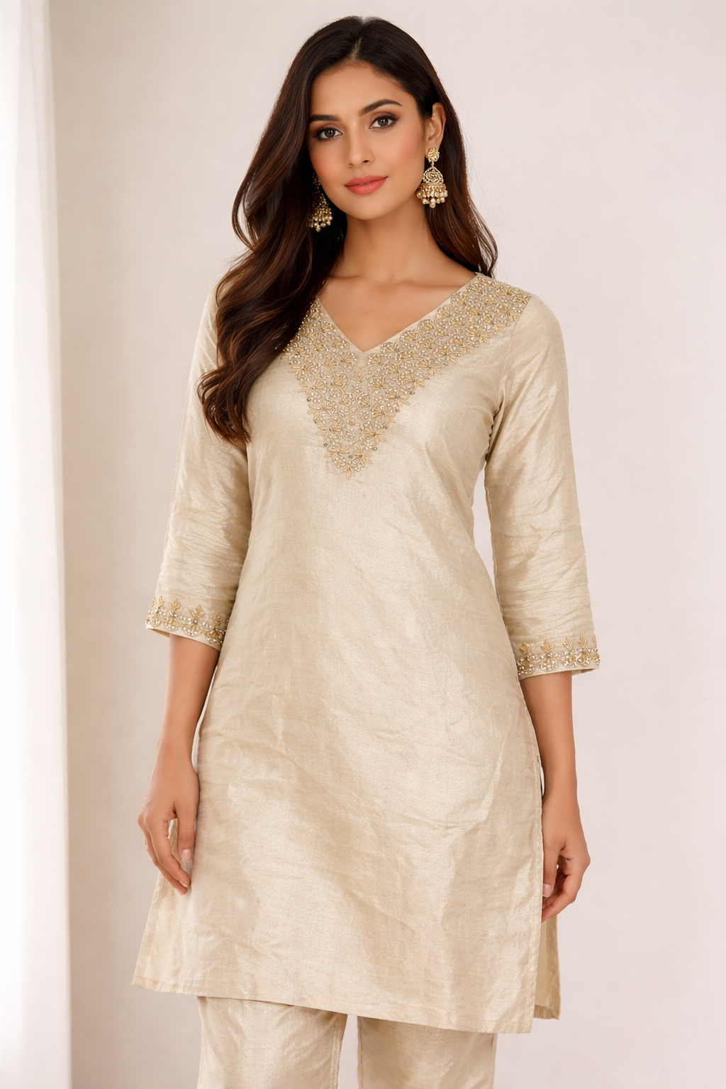 Luxury Off-White Silk Kurti Set with Heavy Handwork Embroidered V-Neck | Gold Pearl Beaded Work | Festive & Party Wear Ethnic Suit for Women