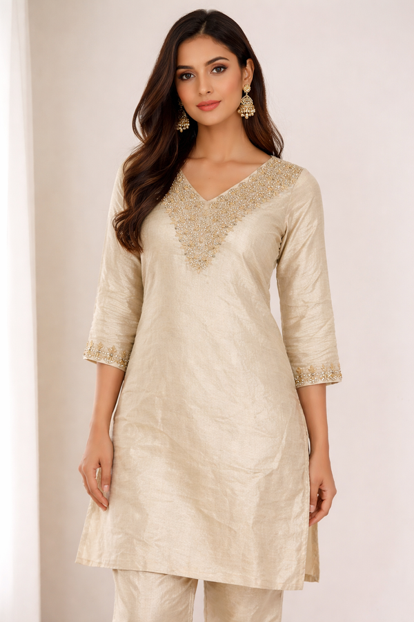 Luxury Off-White Silk Kurti Set with Heavy Handwork Embroidered V-Neck | Gold Pearl Beaded Work | Festive & Party Wear Ethnic Suit for Women