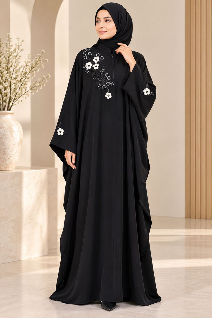 Black Floral Embroidered Firdos Fabric Kaftan
