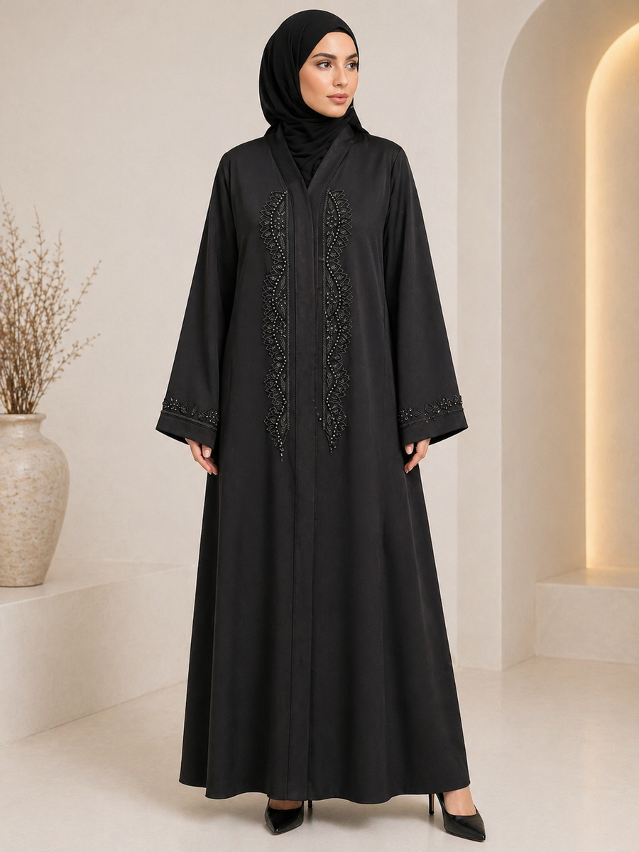 Elegant Black Zoom Fabric Abaya with Intricate Handwork – Front Panel Embroidery | Without Dupatta