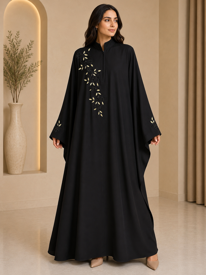 Luxury Black Handwork Kaftan Abaya for Women | Premium Firdos Fabric | Floral Beads Work Loose Fit Kaftan (Without Dupatta)