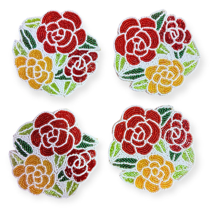 Rose Beaded Coasters – Set of 4 | Handmade Table Decor