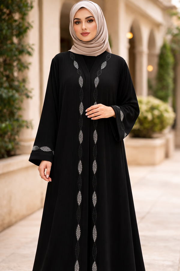 Elegant Black Pleated Abaya with Handcrafted Silver Bead Work – Front Open Designer Modest Wear