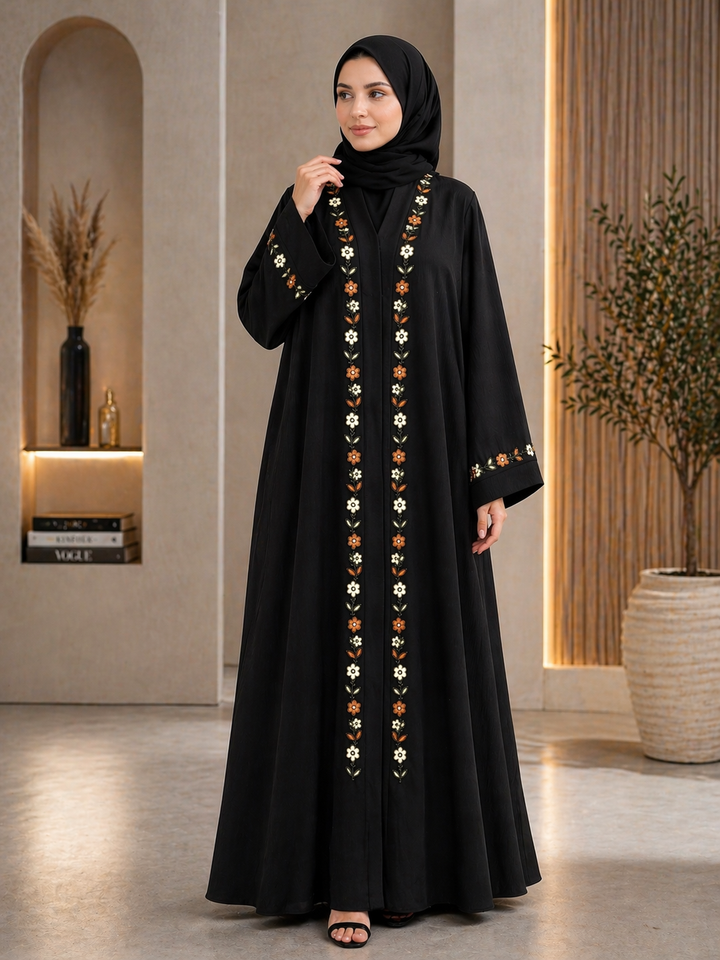 Elegant Black Handwork Abaya with Floral Embroidery | Imported Zoom Fabric | Premium Modest Wear by RTFACTS