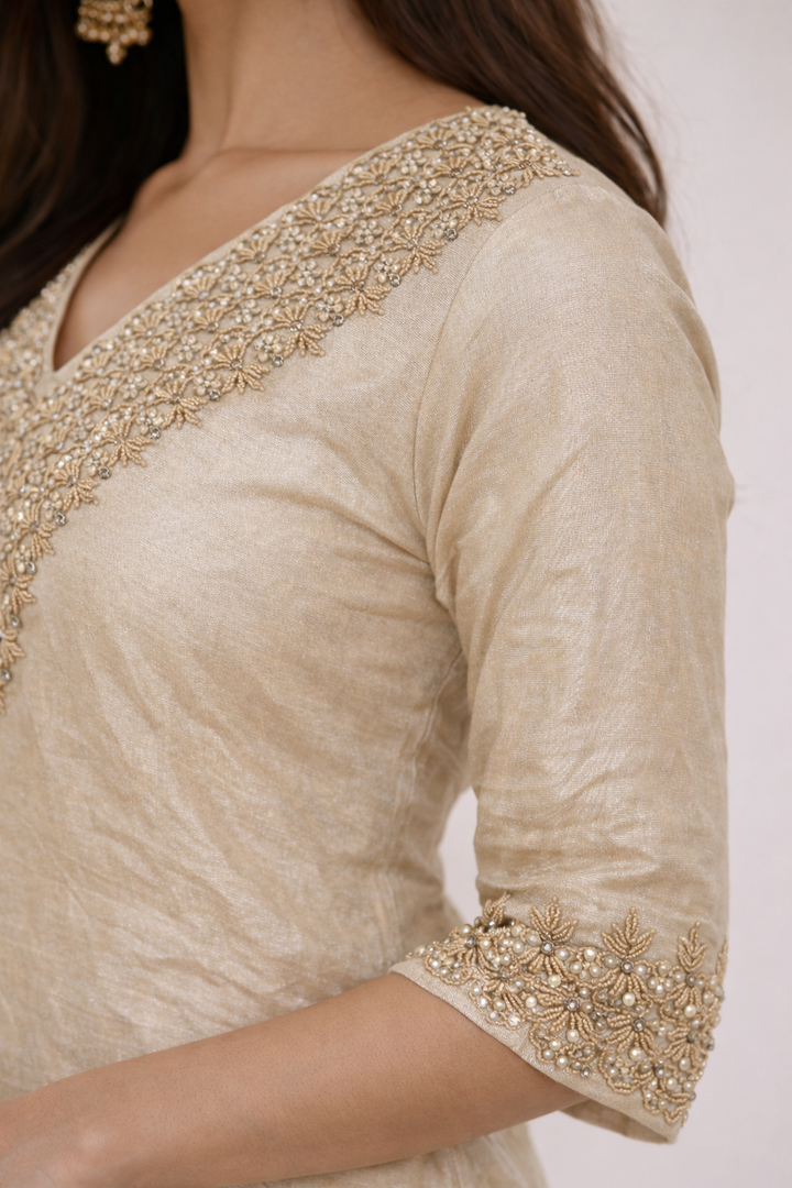 Luxury Off-White Silk Kurti Set with Heavy Handwork Embroidered V-Neck | Gold Pearl Beaded Work | Festive & Party Wear Ethnic Suit for Women
