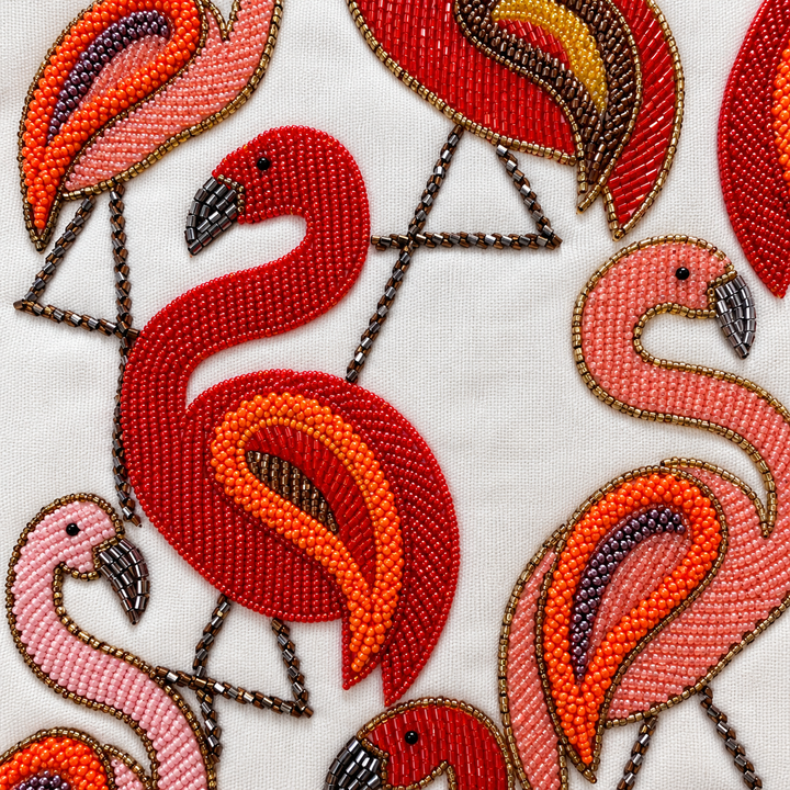 Handmade Beaded Flamingo Cushion Cover 18×18 Inch | Embroidered Flamingo Decorative Pillow for Sofa &amp; Home Decor
