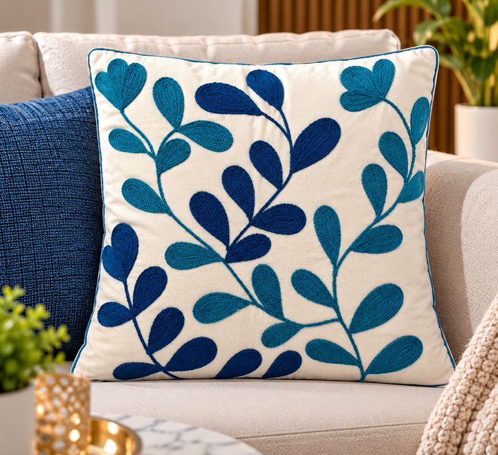 Handmade Embroidered Blue Leaf Cushion Cover 16×16 Inch | Teal &amp; Navy Botanical Decorative Pillow for Sofa &amp; Home Decor