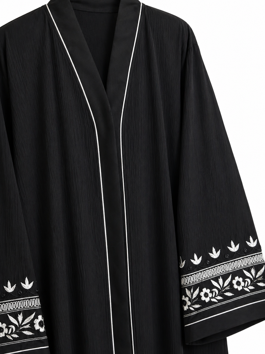 Elegant Black Abaya with White Embroidered Sleeves – Premium Zoom Fabric
