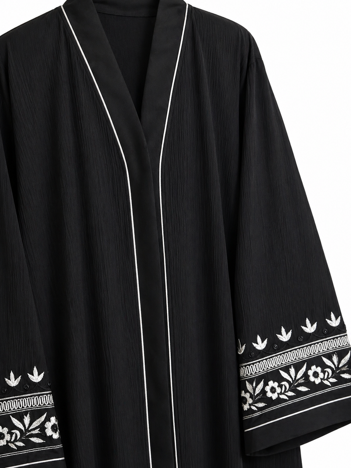 Elegant Black Abaya with White Embroidered Sleeves – Premium Zoom Fabric