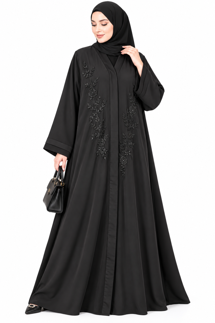 Luxury Black Nida Fabric Handwork Abaya – Elegant Floral