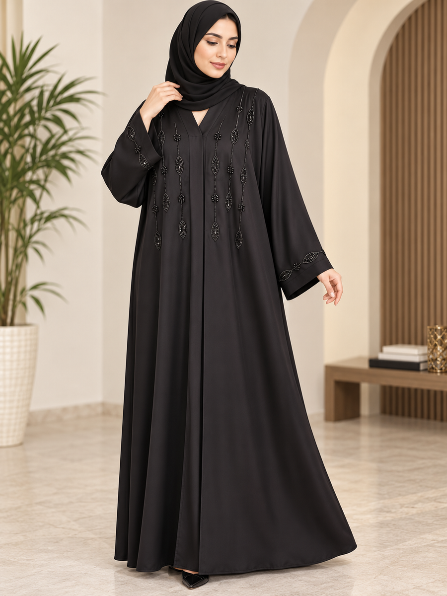 Black Front Open Handwork Beaded Abaya