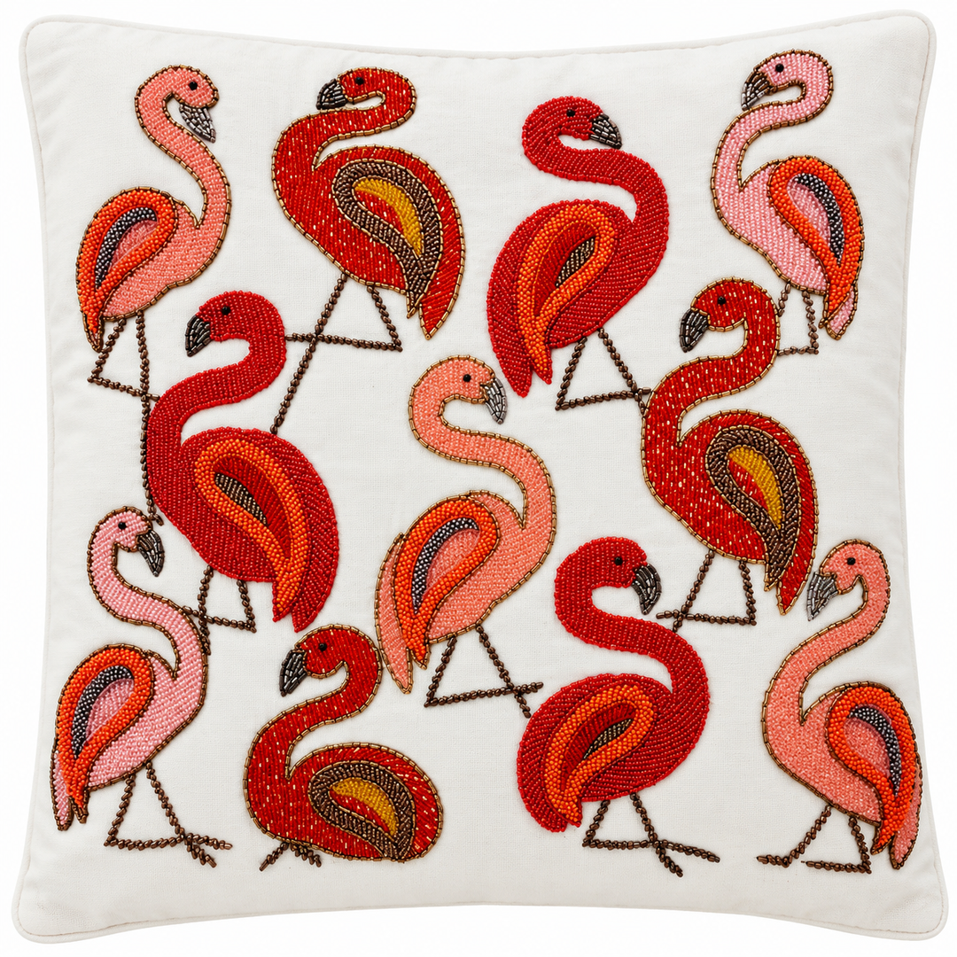 Handmade Beaded Flamingo Cushion Cover 18×18 Inch | Embroidered Flamingo Decorative Pillow for Sofa &amp; Home Decor