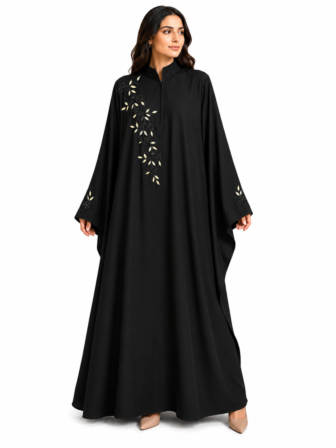 Luxury Black Handwork Kaftan Abaya for Women | Premium Firdos Fabric | Floral Beads Work Loose Fit Kaftan (Without Dupatta)